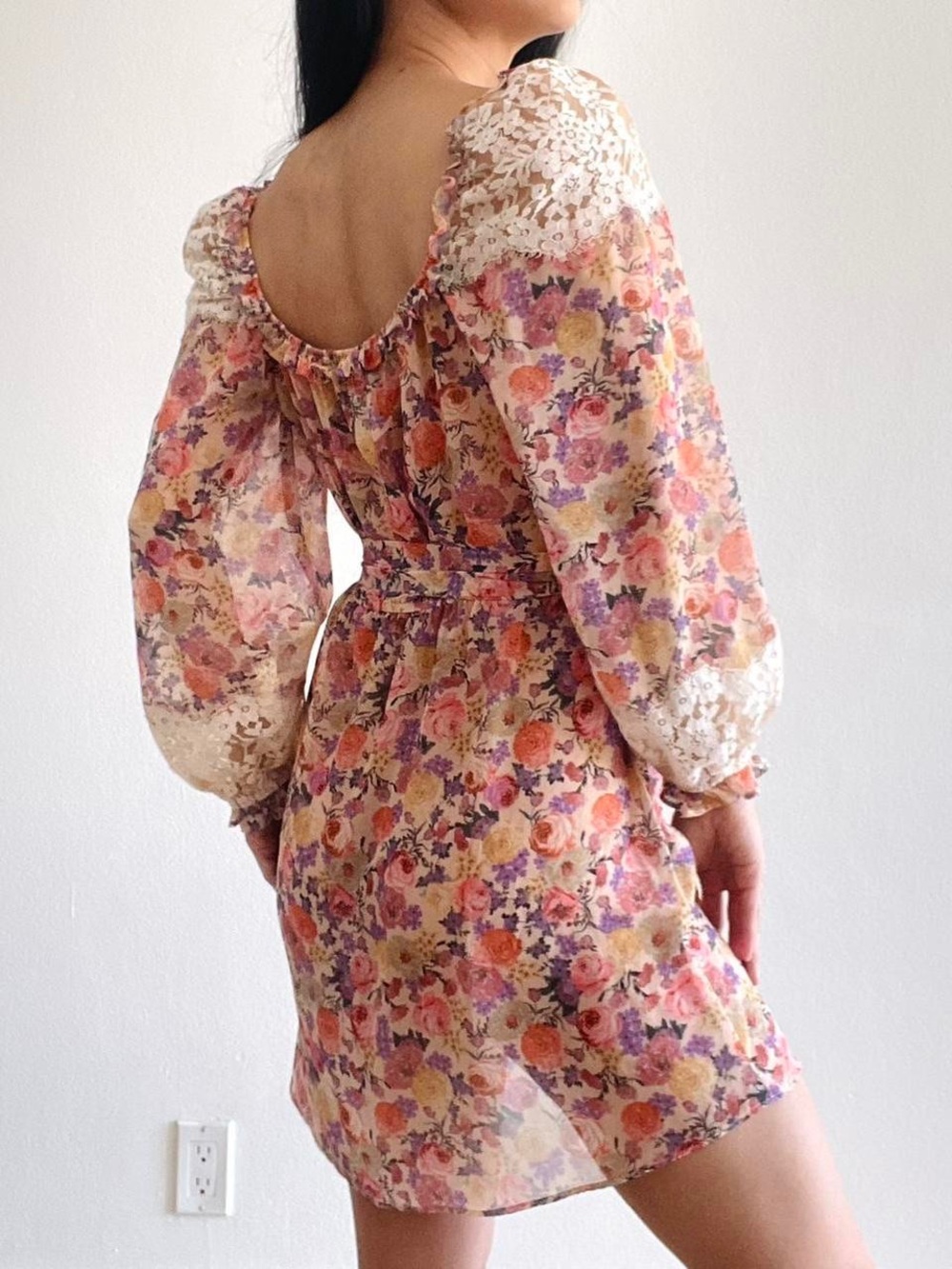 For Love & Lemons Pastel Floral Chiffon Dress in Peach, Pink & Lavender - Picture 4 of 7